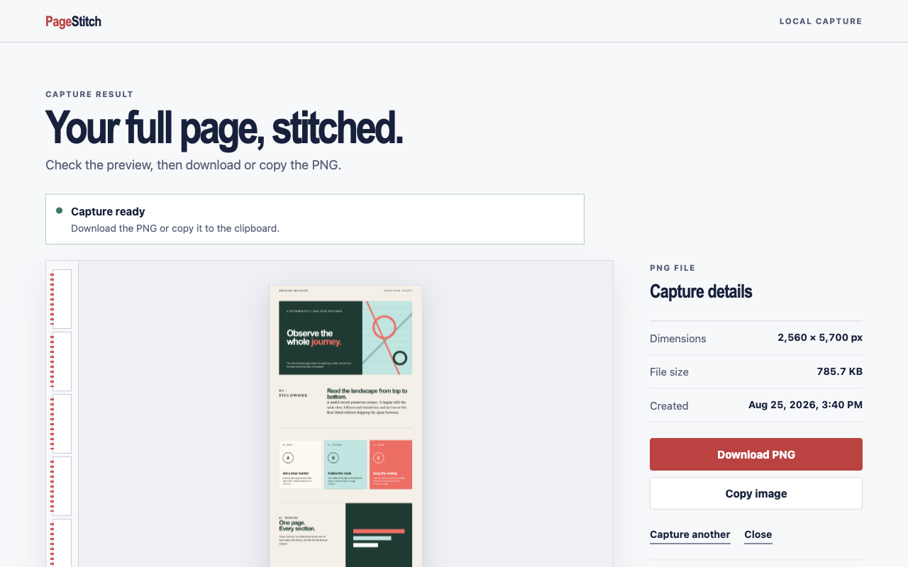 The PageStitch result page showing a complete stitched website capture