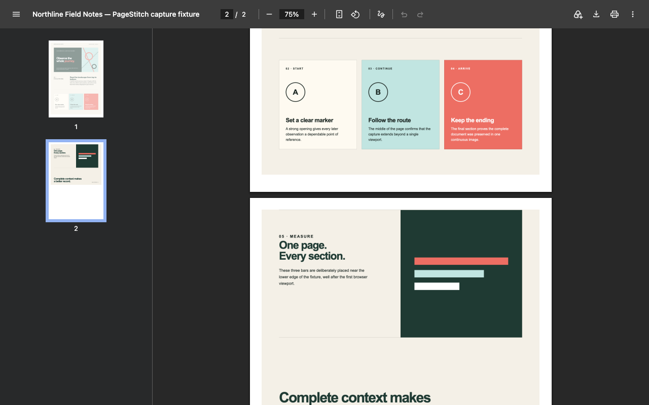 An A4 PDF saved by PageStitch, open in Chrome's built-in PDF viewer, two pages
